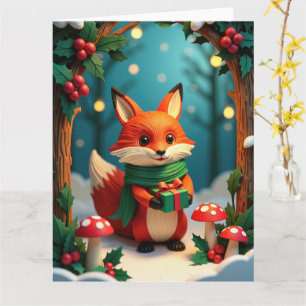 Carte Renard de fête tenant un cadeau dans une forêt enn