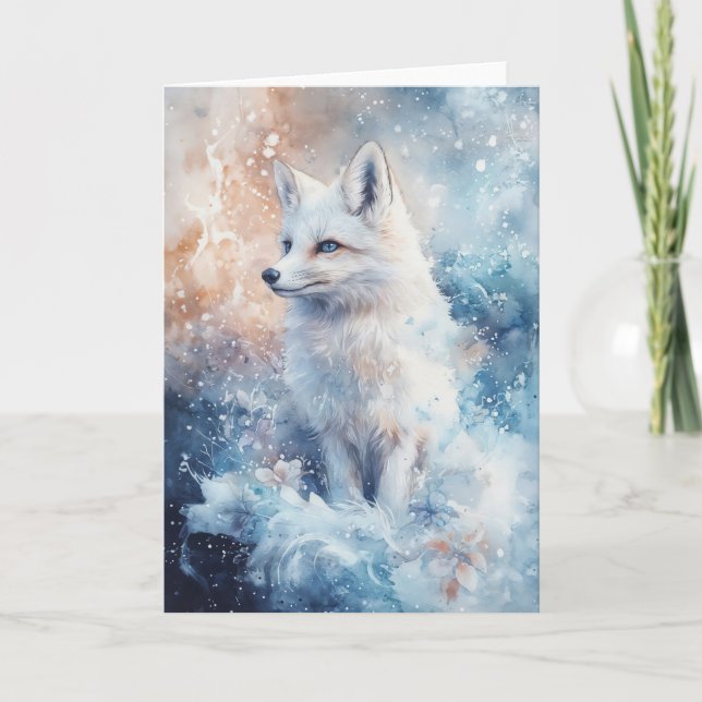 Carte Renard d'hiver élégant au milieu des fleurs neigeu (Devant)