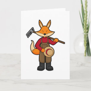 Carte Renard en fermier avec râteau et chapeau