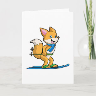 Carte Renard en skieur avec skis et bâtons de ski