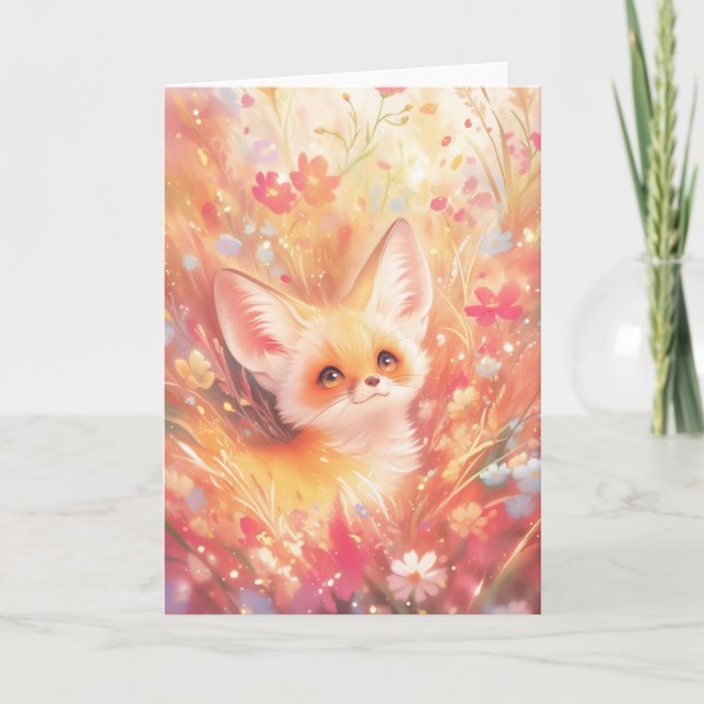 Carte Renard Fennec Entouré de Fleurs de Coucher de Sole (Devant)