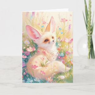 Carte Renard Fennec se reposant dans une prairie en fleu