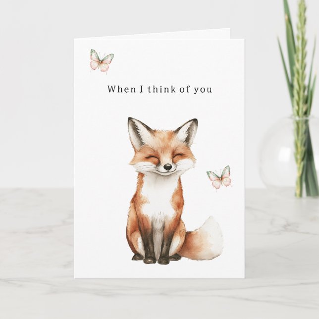 Carte Renard heureux mignon pense à toi papillons amour (Devant)