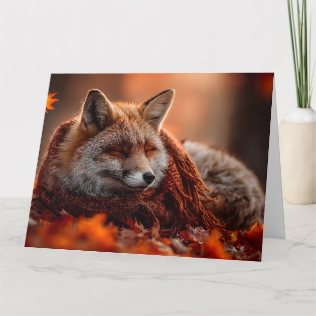 Carte Renard Rouge Endormi dans une Écharpe Automnale Do (Devant)