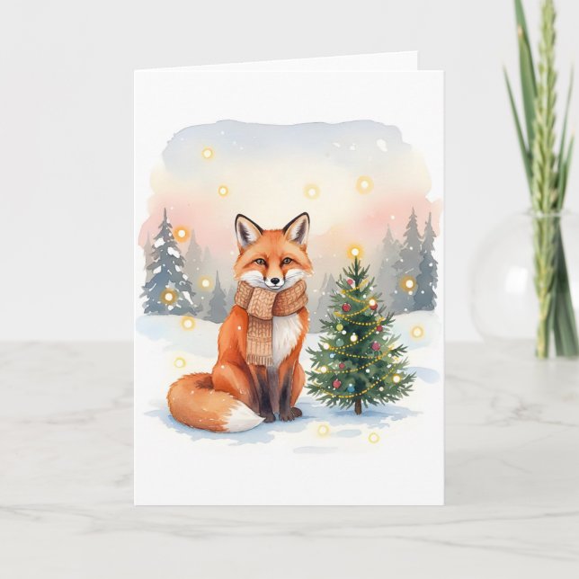 Carte Renard roux avec écharpe marron et sapin de Noël (Devant)