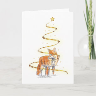 Carte Renard roux dans un arbre de Noël ruban doré