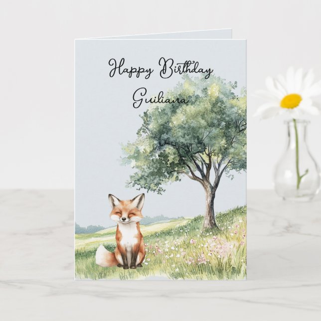 Carte Renard souriant mignon champ de fleurs arbre anniv (Petite plante)