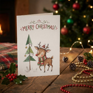 Carte Renne de Noël Aquarelle Mignon Bois Vintage