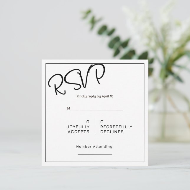 Carte Réponse de mariage carré minimal noir et blanc (Debout devant)