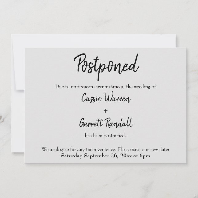 Carte "Reportée" Mariage noir sur gris clair (Devant)
