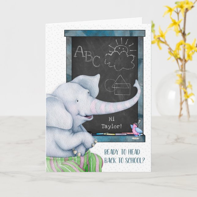 Carte Retour à l'école Eléphant Chalkboard Personnaliser (Fleur jaune)