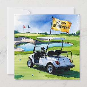 Carte Retraite de golf avec voiturette de golf sur le pu