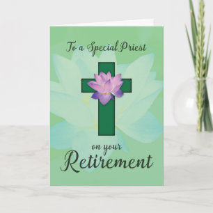 Carte Retraite d'un prêtre, fleur de lotus sur croix ver