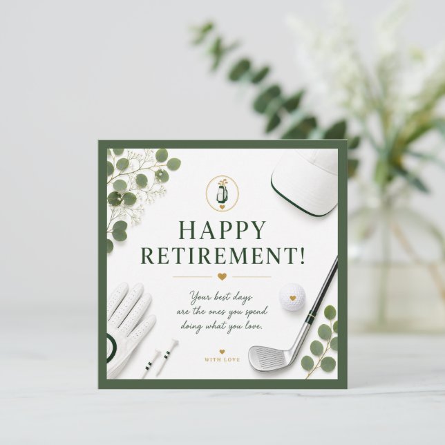Carte Retraite golf heureux avec gant de golf et fer  (Debout devant)
