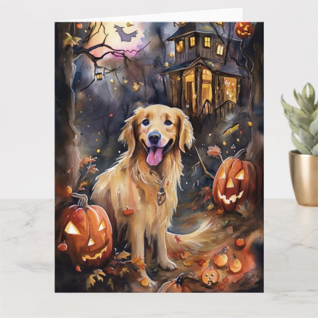 Carte Retriever doré Halloween avec citrouilles effrayan (Petite plante)