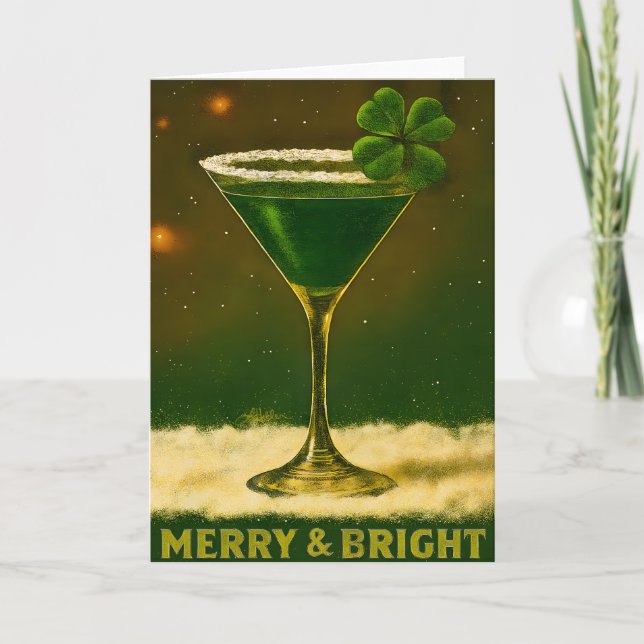 Carte Retro 50s 4 Leaf Clover Irish Christmas Martini (Devant)