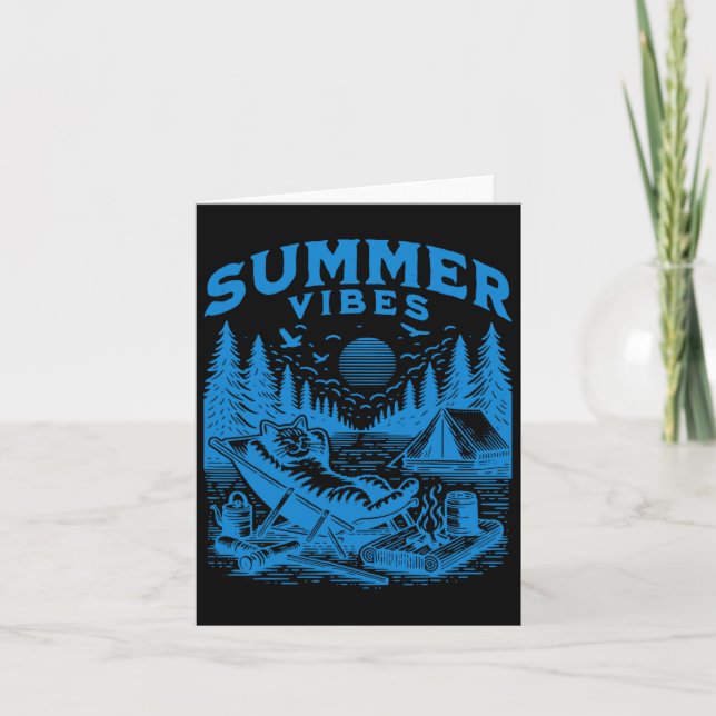 Carte Retro 90s Summer Vibes Cat Camping Funny Cat Meme (Devant)