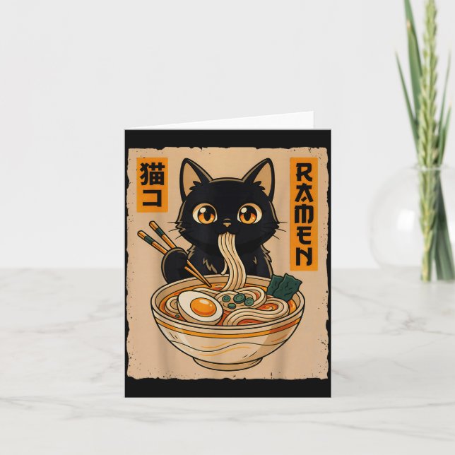 Carte Retro Anime Kawaii Black Cat Eating Ramen Noodles  (Devant)