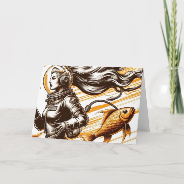 Carte Rétro astronaute féminine et poisson Toute l'occas (Devant)