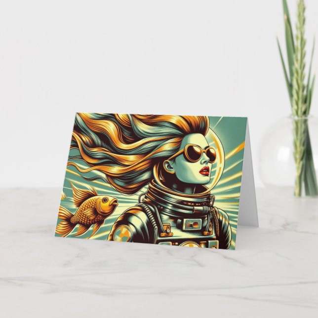 Carte Rétro astronaute féminine et poisson Toute l'occas (Devant)