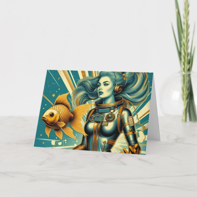 Carte Rétro astronaute féminine et poisson Toute l'occas (Devant)