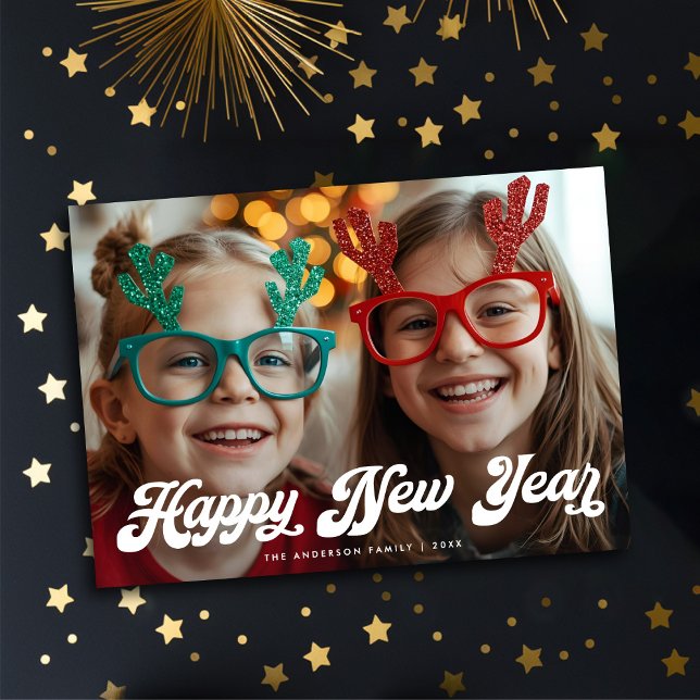 Carte Rétro Blanche Script Bonne Année Une Photo (Créateur téléchargé)