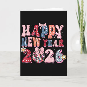 Carte Rétro Bonne Année 2026 Coquette Nœud Boule Disco 
