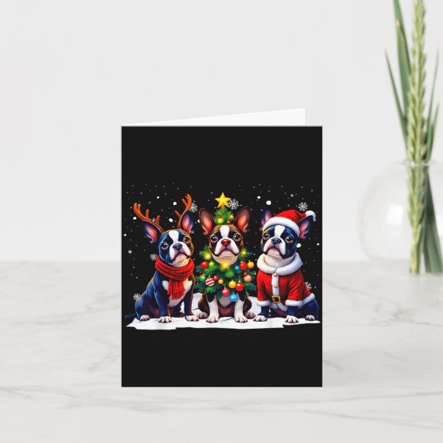 Carte Retro Christmas Boston Terrier Santa Reindeer Dog  (Devant)