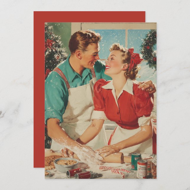 Carte Retro Christmas Couple Baking Love (Devant / Derrière)