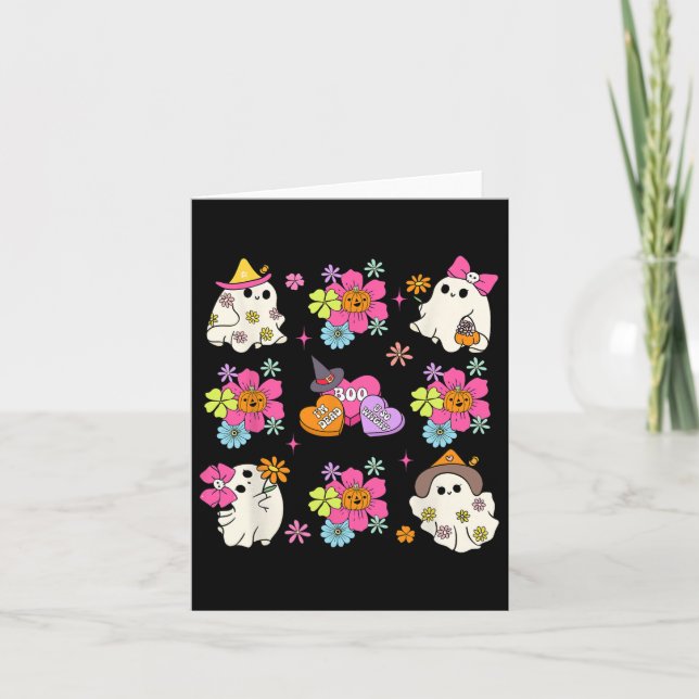 Carte Rétro Coquette Boo Fantôme Arc Citrouille Fleurs H (Devant)