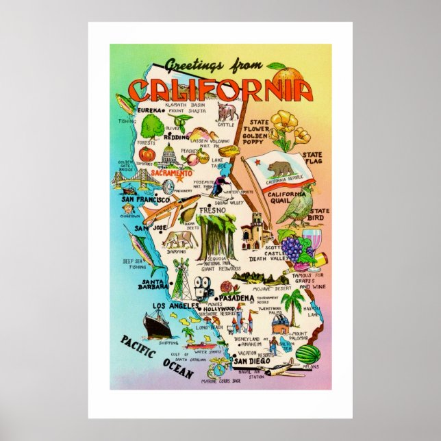 Carte Rétro de Californie Impression 24x36 (Devant)