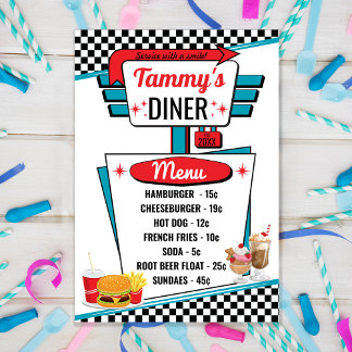 Carte Retro Diner 1950 noir, blanc et rouge