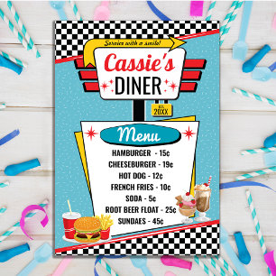 Carte Retro Diner 1950 Turquoise, jaune et rouge