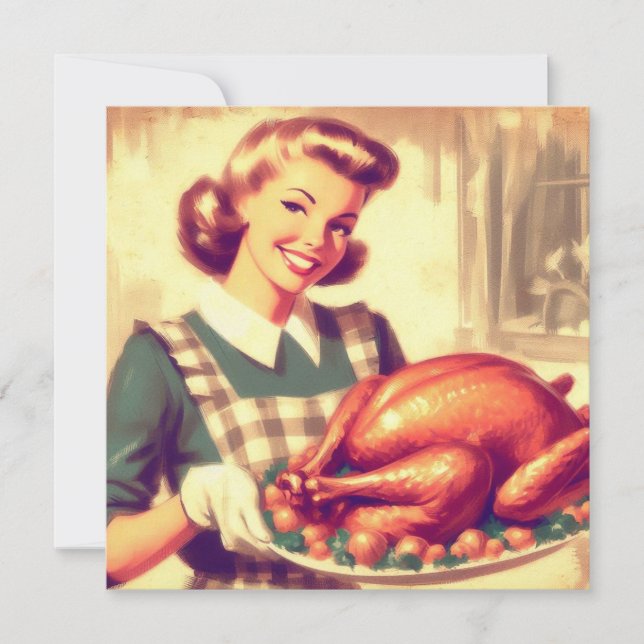Carte Rétro femme au foyer avec Thanksgiving Turquie Vin (Devant)