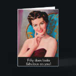 Carte Retro Femme Fabulous 50th Birthday Card<br><div class="desc">Cartes d'anniversaire de jalon amusant caractéristiques Retro 1950 bien coiffé socialite femme avec personnalisable "Cinquante fait semble fabuleux sur vous" salutation d'anniversaire qui est sûr de faire sourire le destinataire.</div>