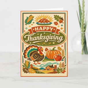 Carte Rétro Ferme Joyeux Thanksgiving Dinde Récolte