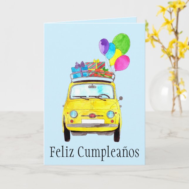 Carte Retro Fiat 500 pour l'anniversaire espagnol (Fleur jaune)
