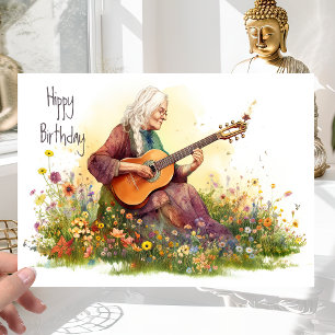 Carte Rétro Fille Hippie 60s Flower Power - Joyeux Anniv