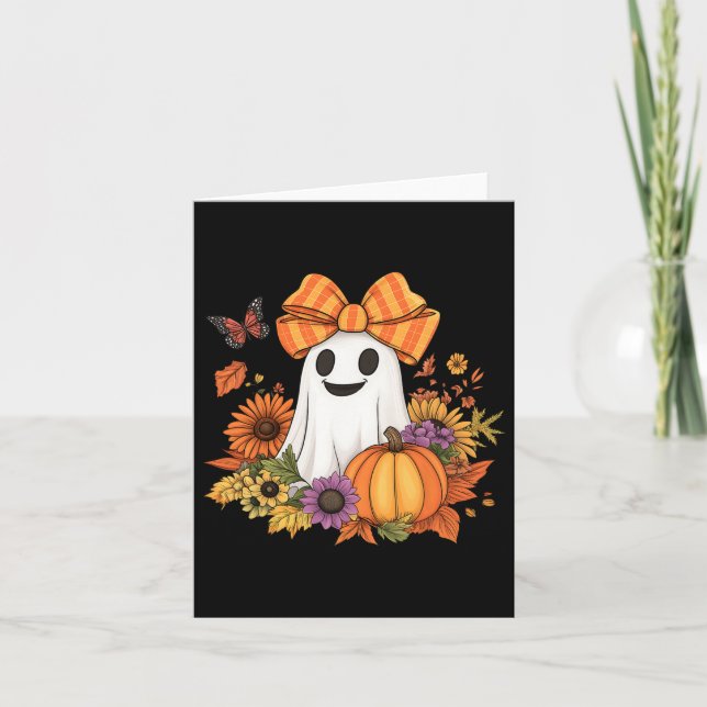 Carte Retro Floral Boo Ghost Citrouille Bow Halloween Fe (Devant)