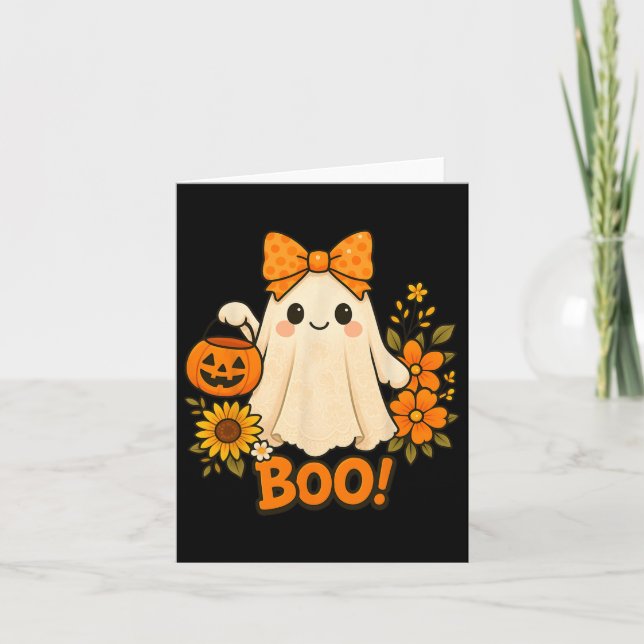 Carte Retro Floral Boo Ghost Citrouille Bow Halloween Fe (Devant)