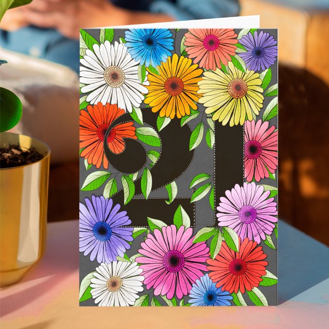 Carte Retro Grey Personnalisé 21e anniversaire Floral (Créateur téléchargé)
