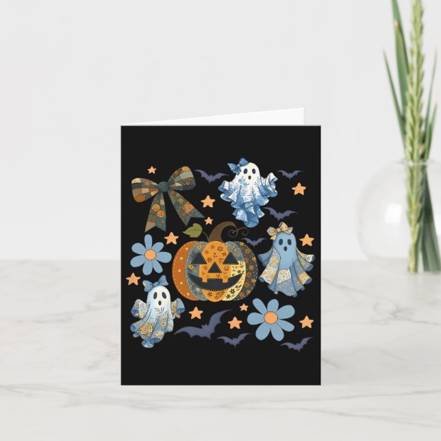 Carte Rétro Halloween Bleu Denim Fantôme Patchwork Effra (Devant)