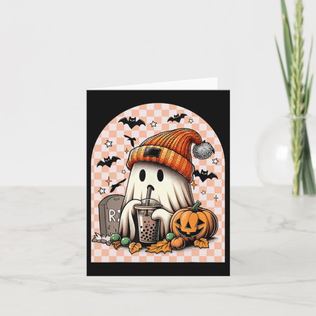Carte Retro Halloween Cute Ghost Boire Citrouille de caf (Devant)
