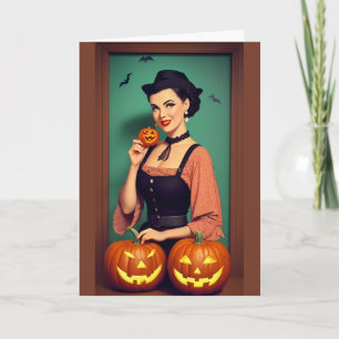 Carte Retro Happy Halloween Lady avec Citrouilles