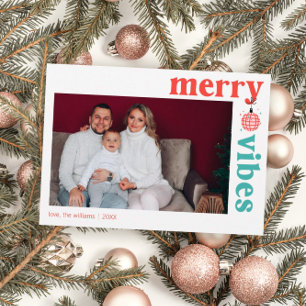 Carte Retro Merry Vibes Family Photo Holiday Card