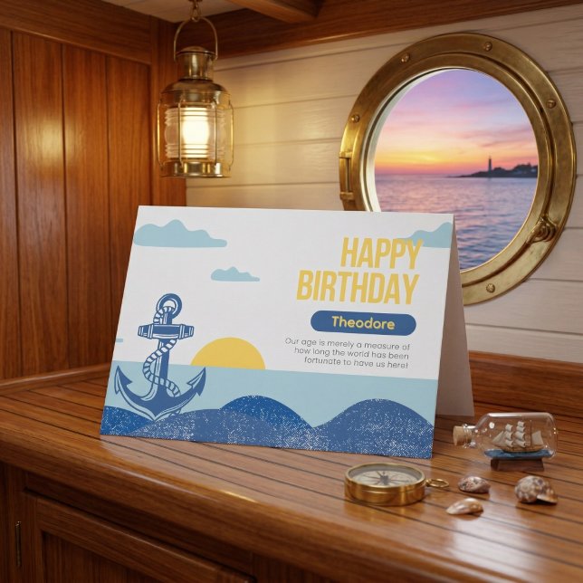 Carte Retro Nautical Anchor & Sun Personalized Birthday  (Set sail on your celebration.)
