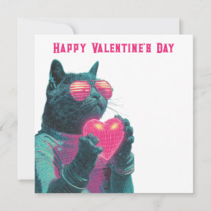 Carte Rétro Néon Chat Saint-Valentin
