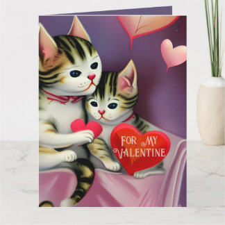 Carte Rétro Valentine Cute Kittens et Coeurs
