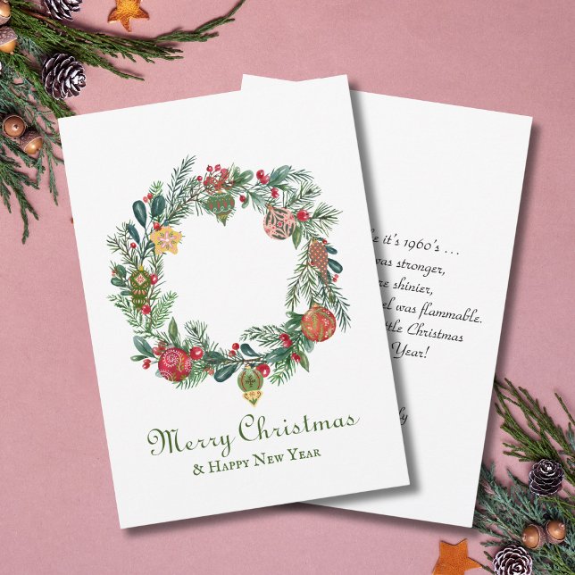 Carte Retro Vintage Noël Wreath & Ornamy Drôle (Créateur téléchargé)