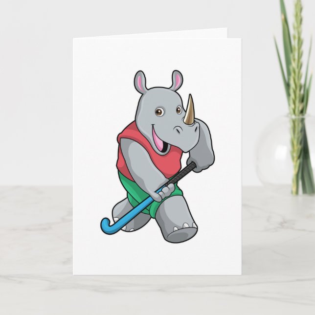 Carte Rhinocéros au hockey avec une batte de hockey (Devant)